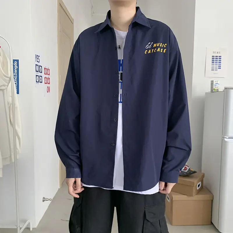 Men Long Sleeve Korean Style Shirt with Japanese Print - Image 3