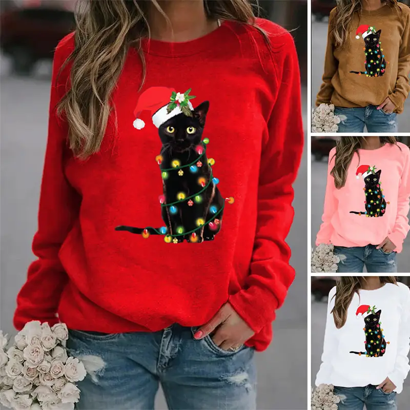 Women Christmas Printed Hoodie Pink Long Sleeve - Image 11