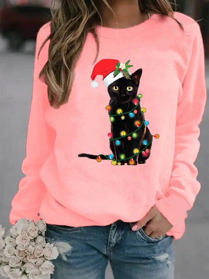 Women Christmas Printed Hoodie Pink Long Sleeve - Image 3