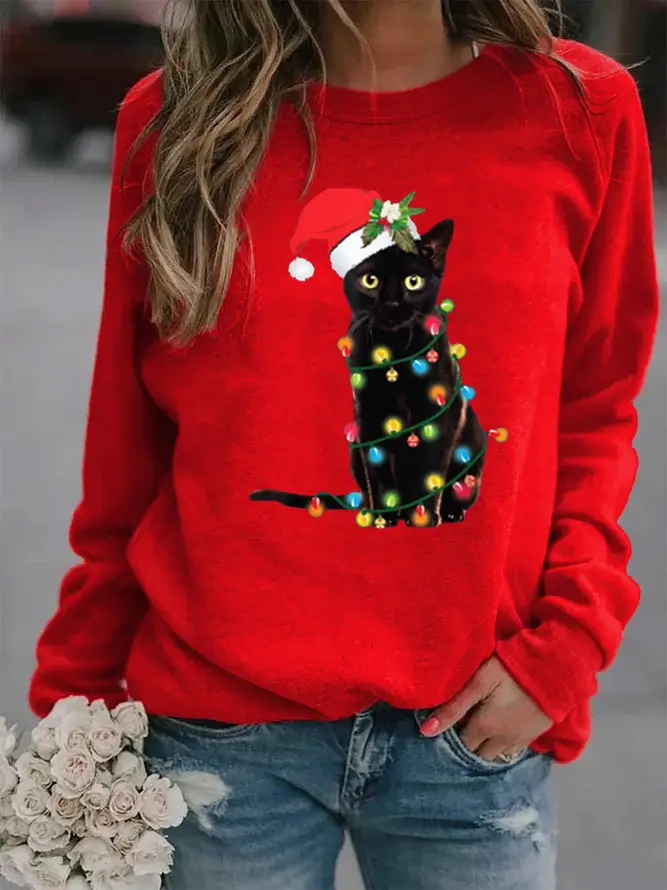 Women Christmas Printed Hoodie Pink Long Sleeve - Image 5