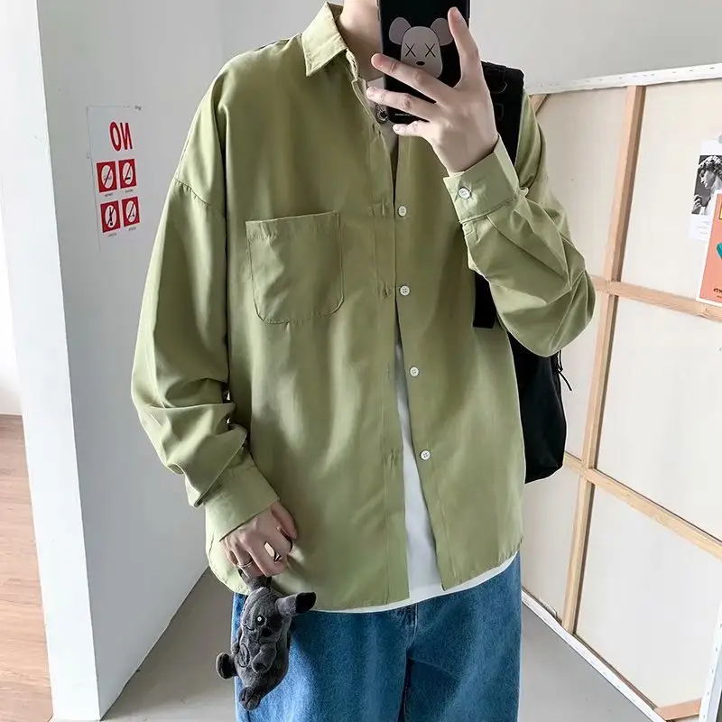 Men's Blue Long Sleeve Plain Shirt Hong Kong Style Loose Fit - Image 3