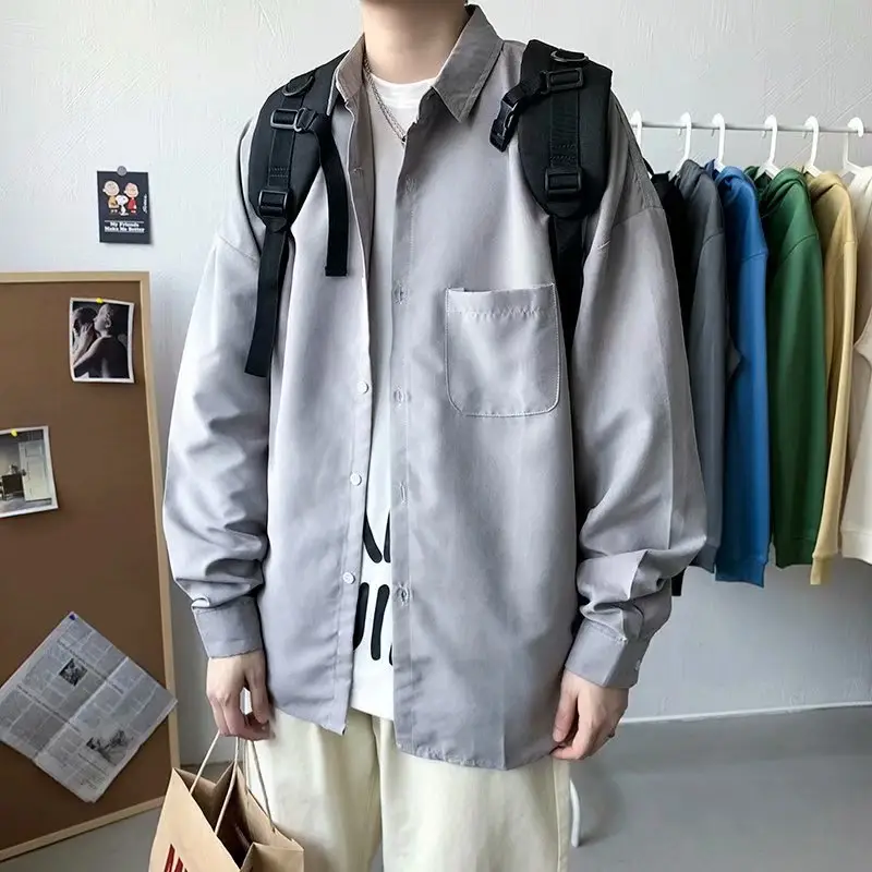 Men's Blue Long Sleeve Plain Shirt Hong Kong Style Loose Fit - Image 2