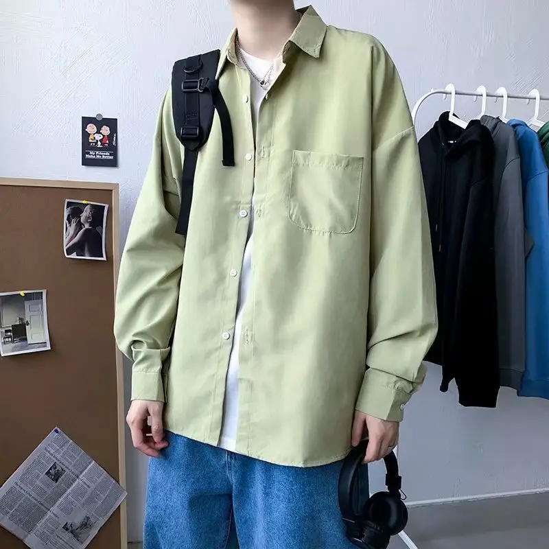 Men's Blue Long Sleeve Plain Shirt Hong Kong Style Loose Fit - Image 4