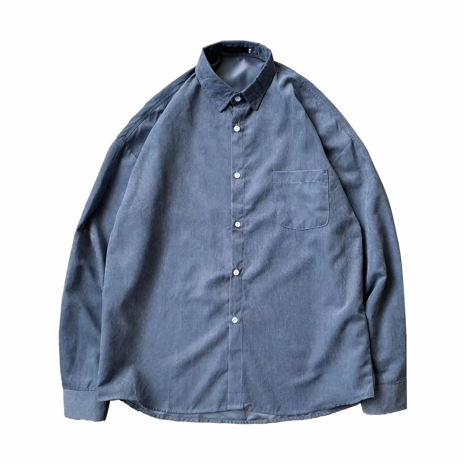 Men's Blue Long Sleeve Plain Shirt Hong Kong Style Loose Fit - Image 5