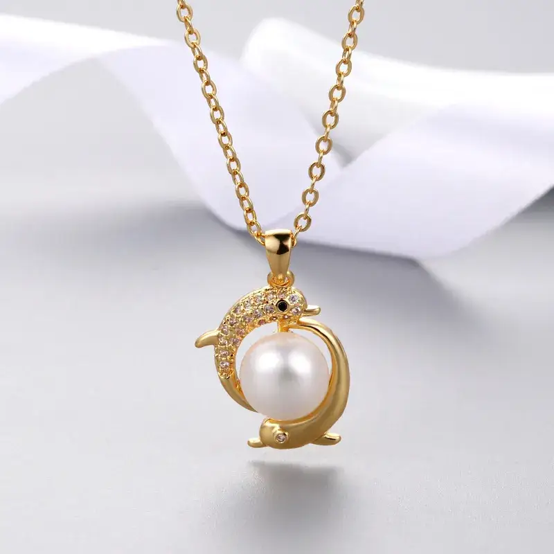 Japanese Korean Dolphin Pearl Necklace Gold Plated - Image 9