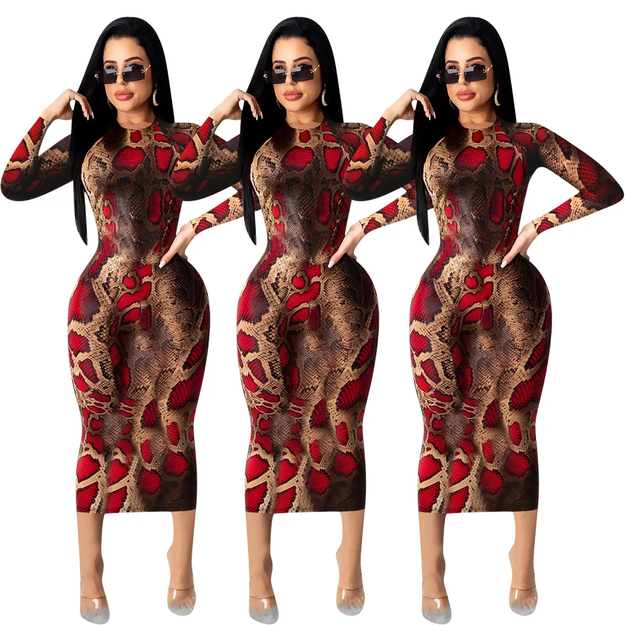 Women's Sexy Printed Long Sleeve Dress Red Brown - Image 2