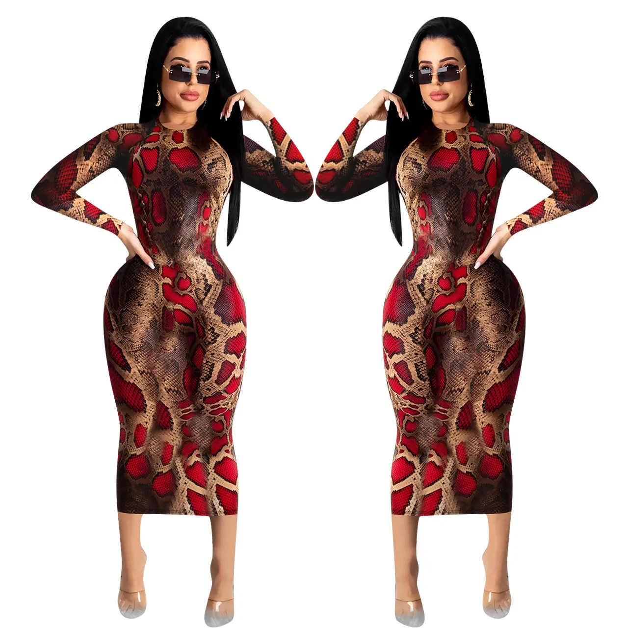 Women's Sexy Printed Long Sleeve Dress Red Brown - Image 4