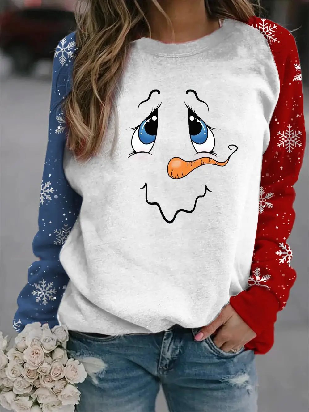 Women's Snowman Printed Long Sleeve Sweater Light Blue