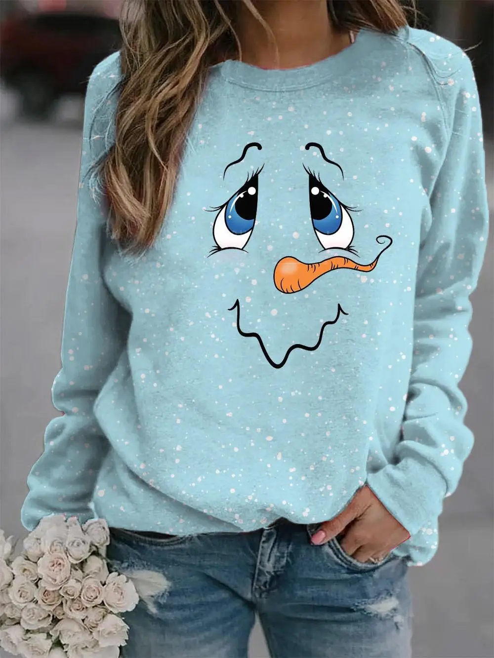 Women's Snowman Printed Long Sleeve Sweater Light Blue
