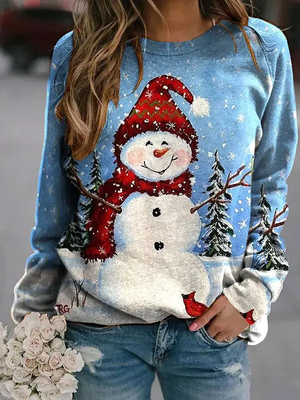 Women's Snowman Printed Long Sleeve Sweater Light Blue