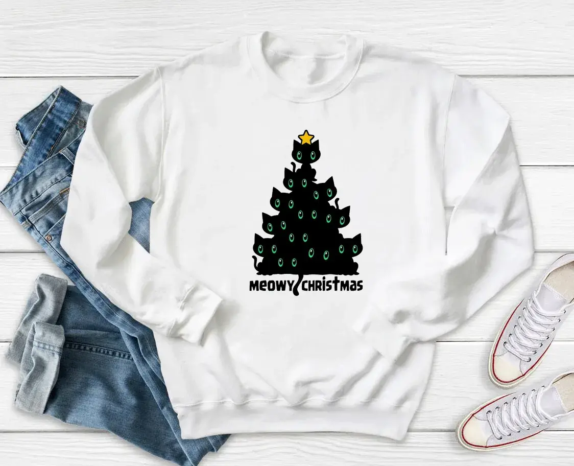 Christmas Tree Printed Grey Sweatshirt Meowy Design - Image 2