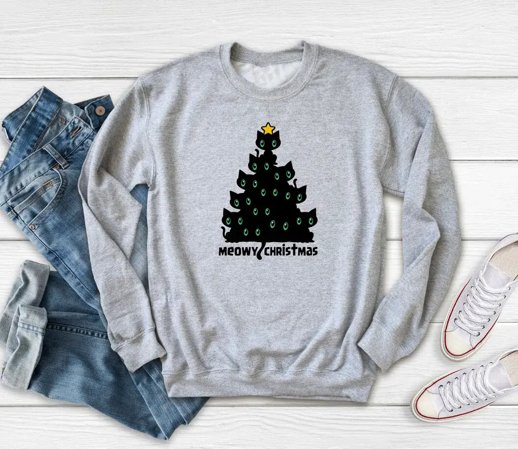 Christmas Tree Printed Grey Sweatshirt Meowy Design - Image 3