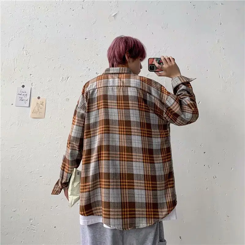 Men Plaid Plaid Shirt Retro Loose Fit Spring Autumn - Image 4