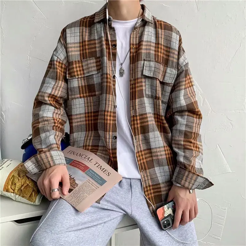 Men Plaid Plaid Shirt Retro Loose Fit Spring Autumn - Image 2