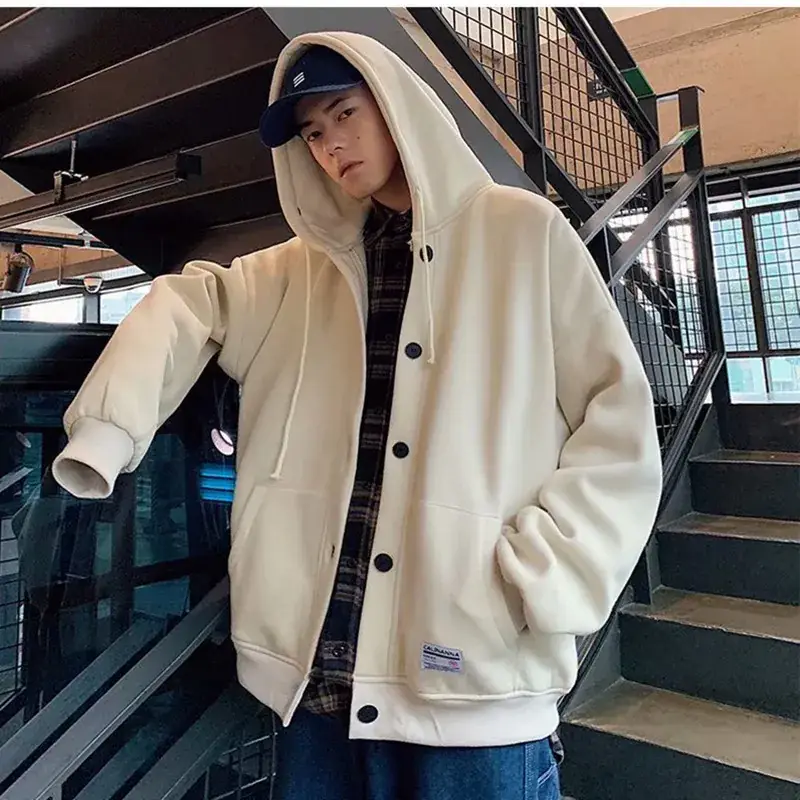 Men's Black Fleece Hoodie Winter Coat Loose Fit