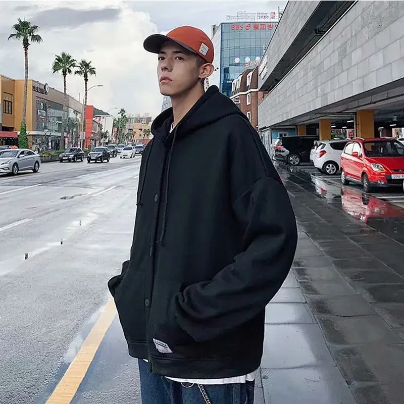 Men's Black Fleece Hoodie Winter Coat Loose Fit