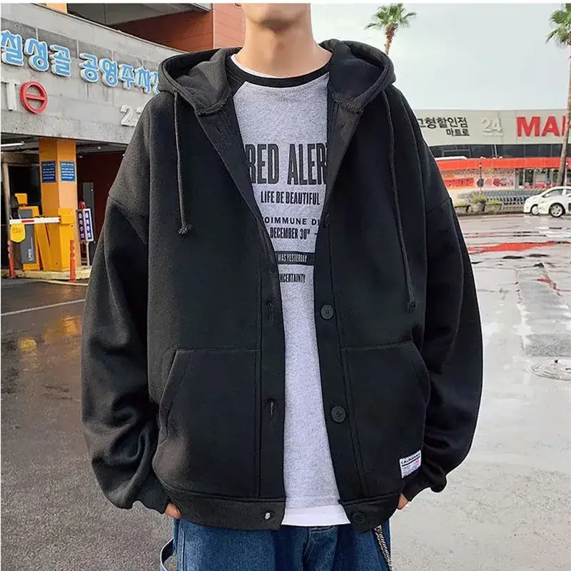 Men's Black Fleece Hoodie Winter Coat Loose Fit