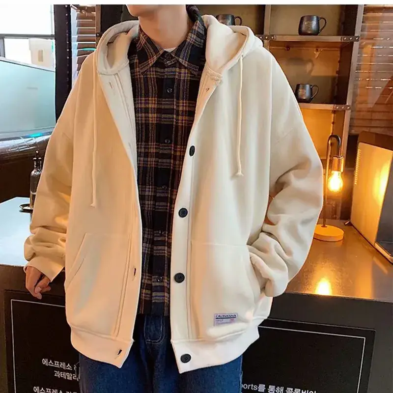 Men's Black Fleece Hoodie Winter Coat Loose Fit