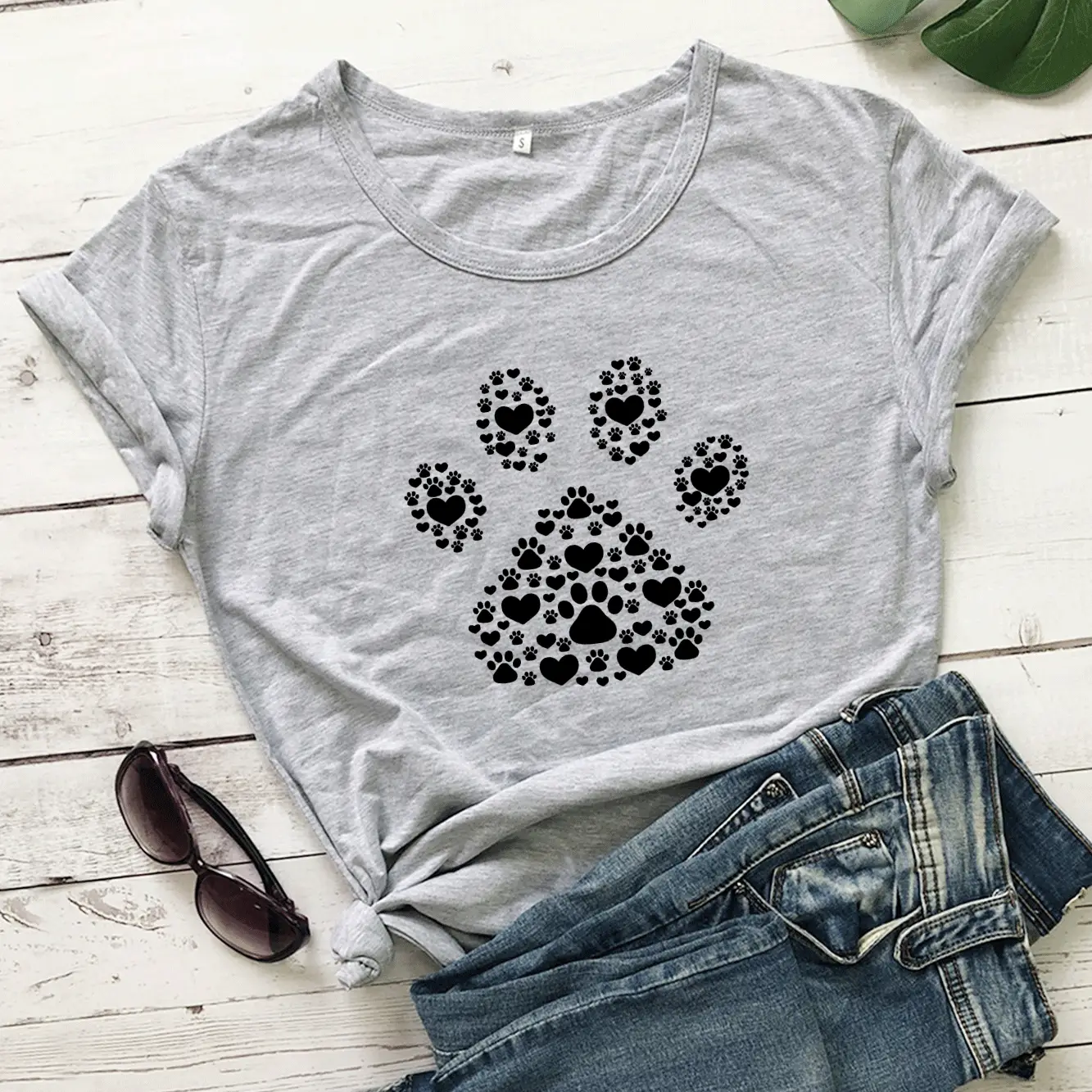 Black T-Shirt with Black Dog Paw Print Design - Image 3