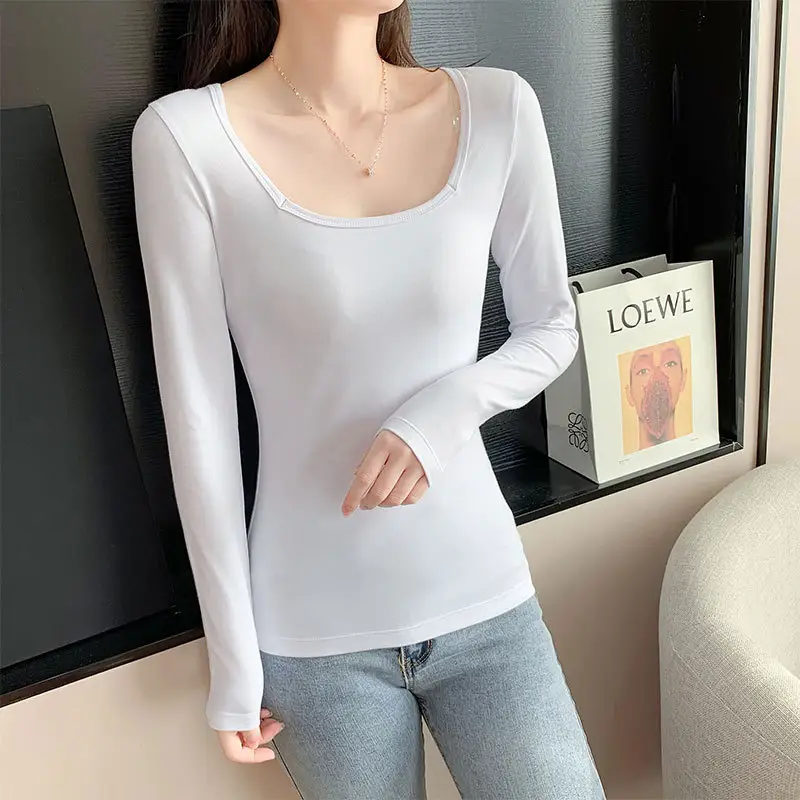 White Long Sleeve Women's T-Shirt with Square Collar - Image 7