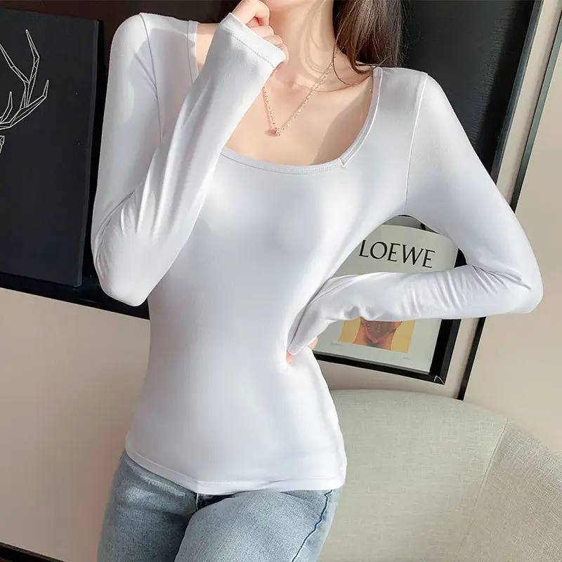 White Long Sleeve Women's T-Shirt with Square Collar - Image 8
