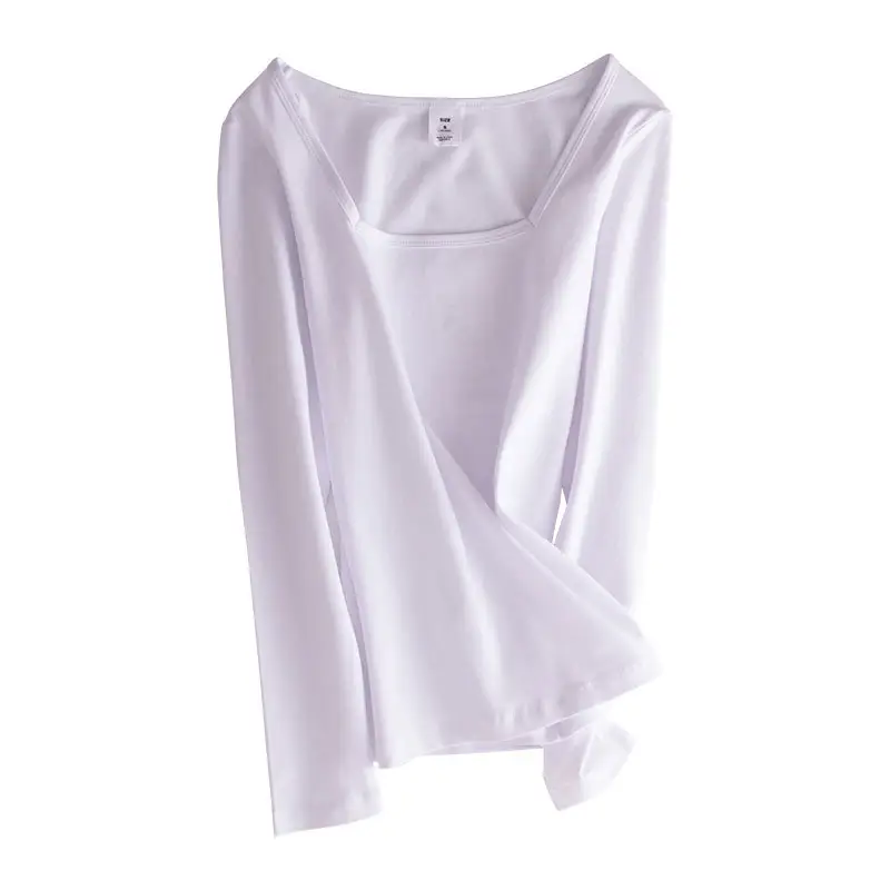 White Long Sleeve Women's T-Shirt with Square Collar - Image 3
