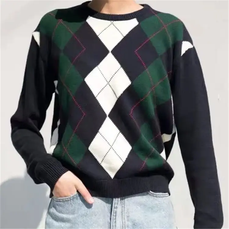 Women Diamond Plaid Knit Pullover Sweater - Image 4