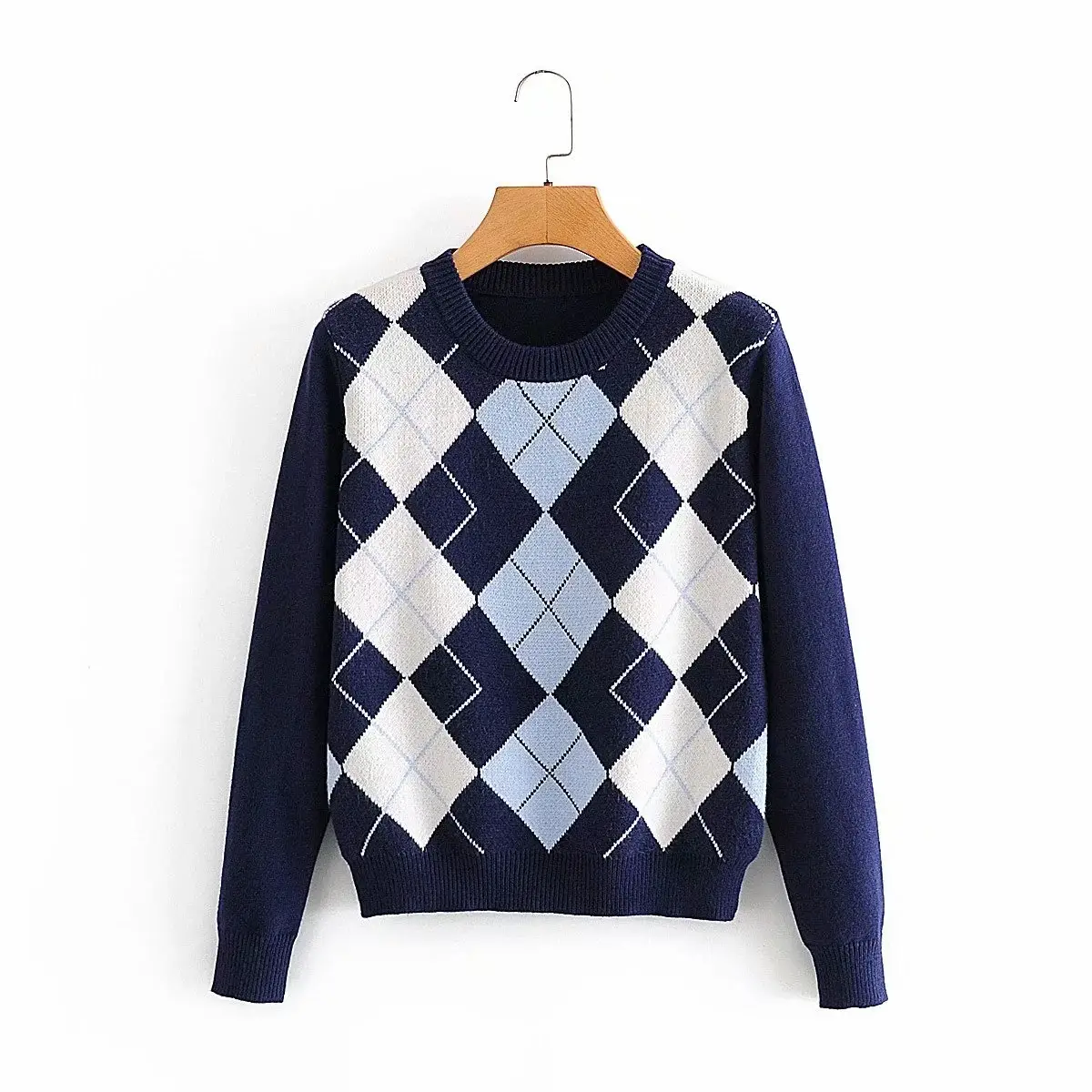 Women Diamond Plaid Knit Pullover Sweater - Image 5