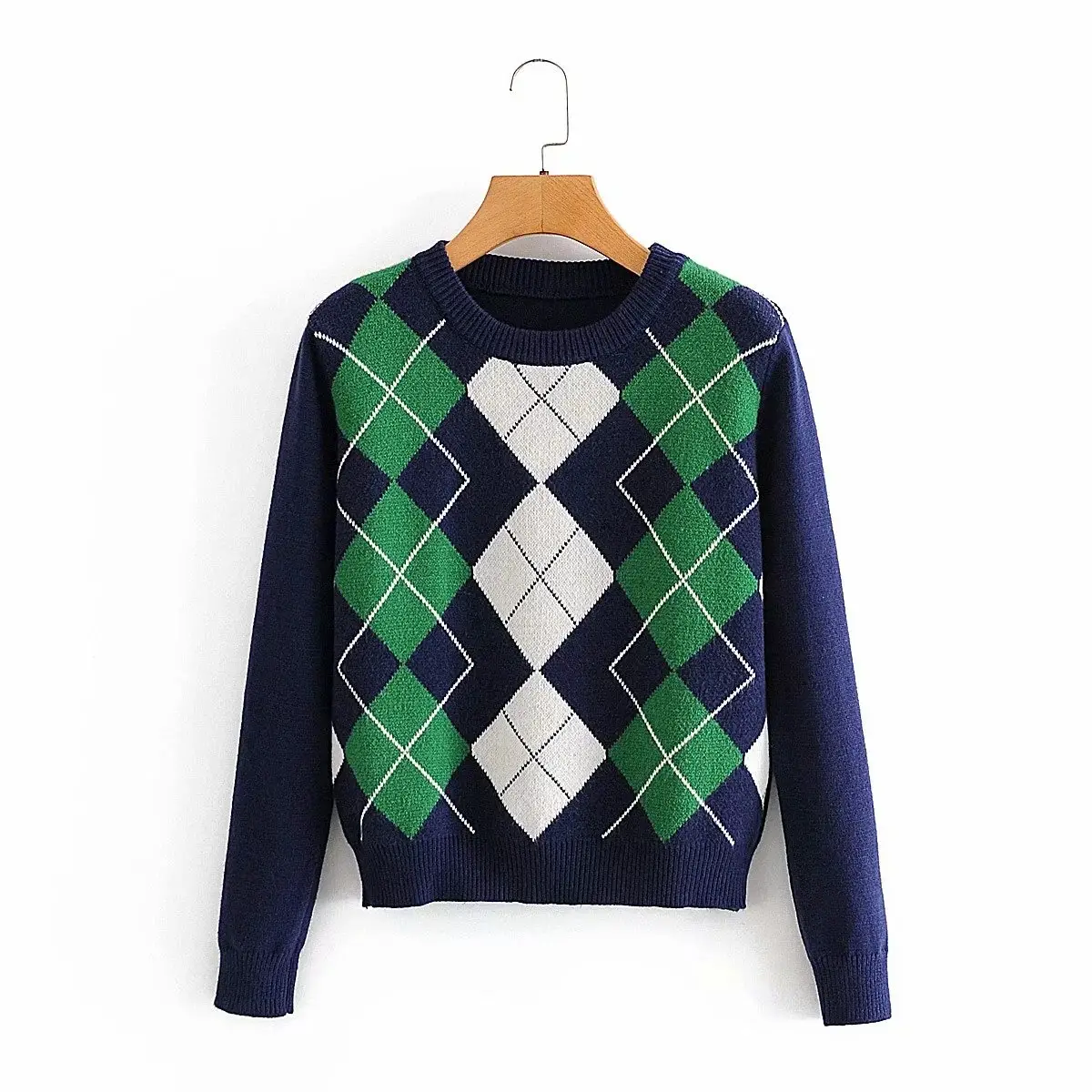 Women Diamond Plaid Knit Pullover Sweater - Image 6