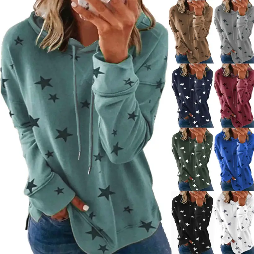 Women Star Printed Hooded Sweatshirt Purple Large