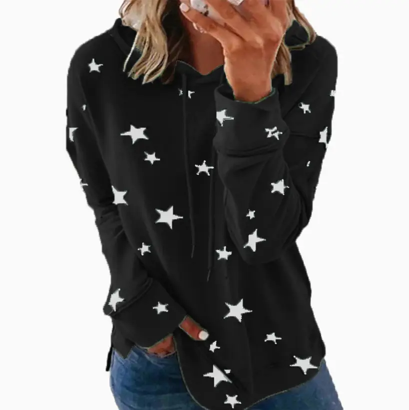 Women Star Printed Hooded Sweatshirt Purple Large