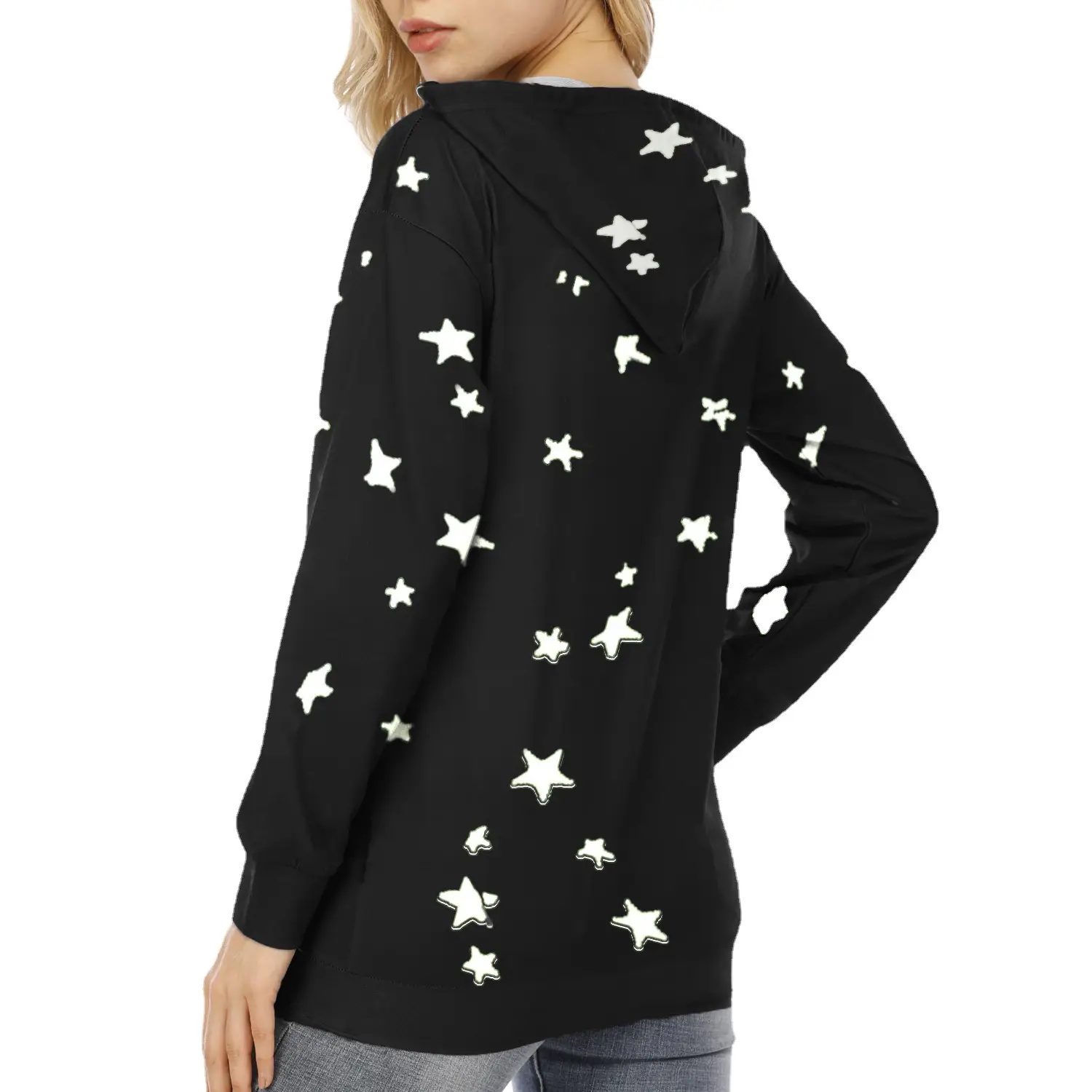 Women Star Printed Hooded Sweatshirt Purple Large