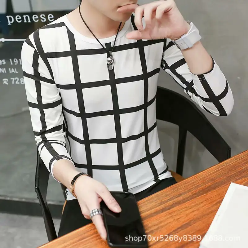 Men Long Sleeve T-Shirt White Black Geometric Slim Fit - Image 18