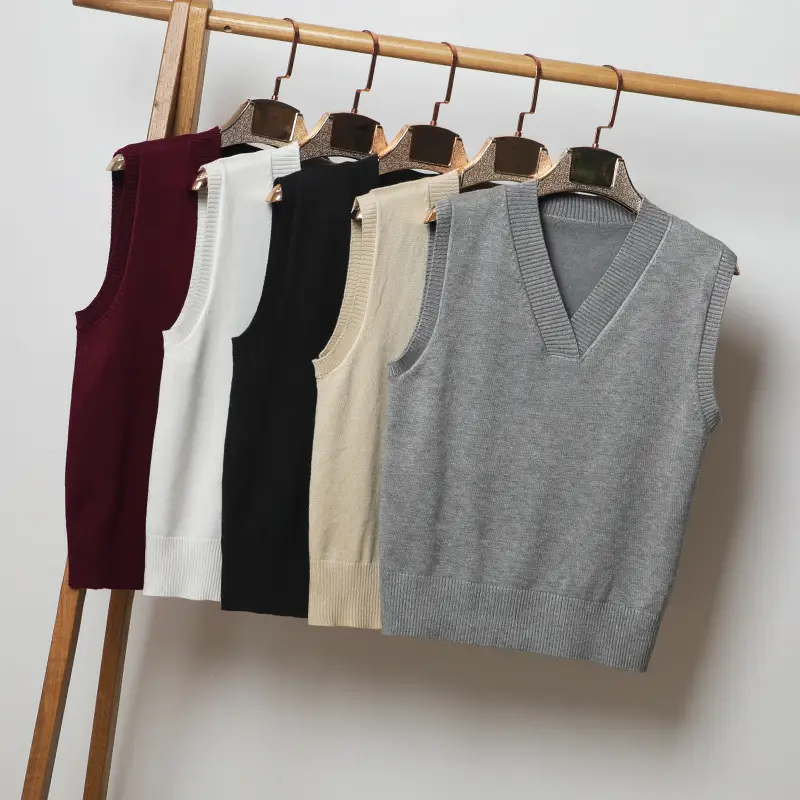 Women V Neck Sleeveless Knit Vest Beige - Image 10