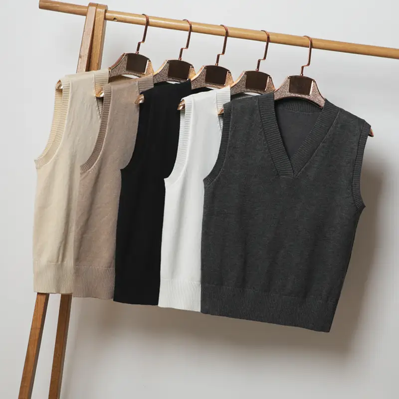 Women V Neck Sleeveless Knit Vest Beige - Image 11