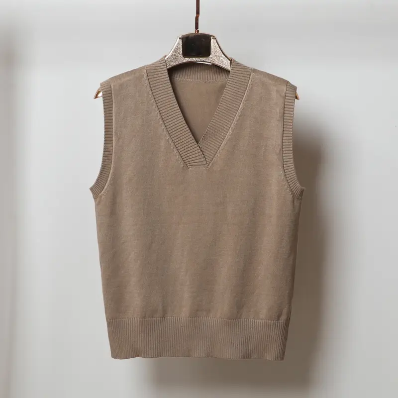 Women V Neck Sleeveless Knit Vest Beige - Image 7
