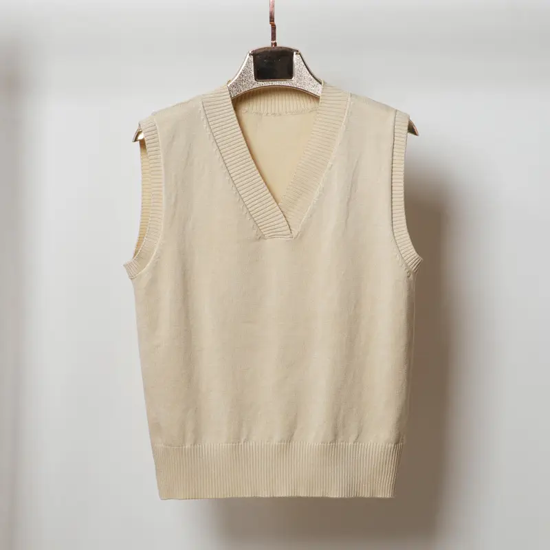 Women V Neck Sleeveless Knit Vest Beige - Image 8