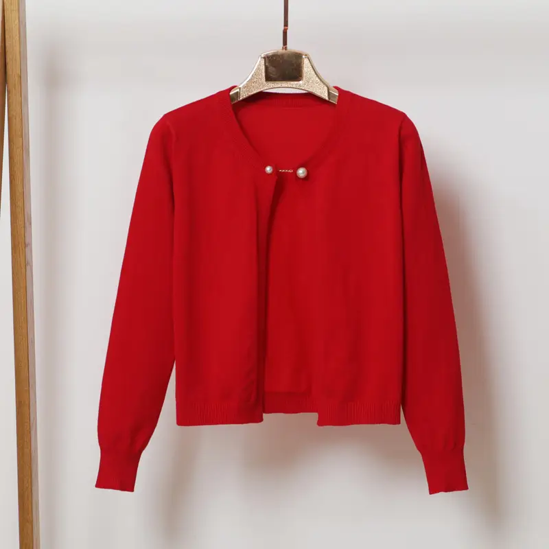Women Red Knitted Crewneck Sweater Spring Autumn - Image 3