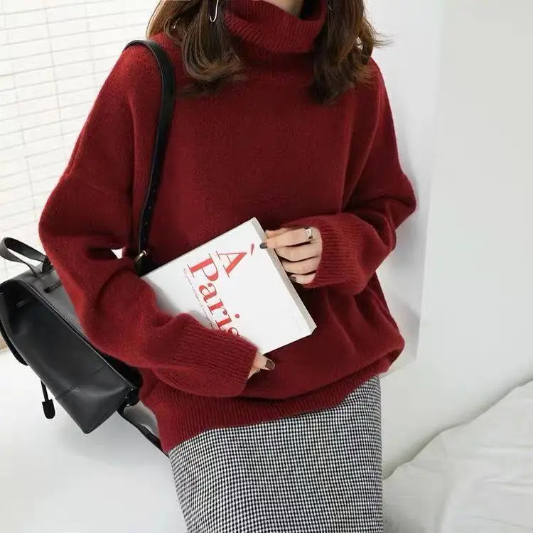 Heavy Turtleneck Sweater Women Red Loose Knit Large - Image 8