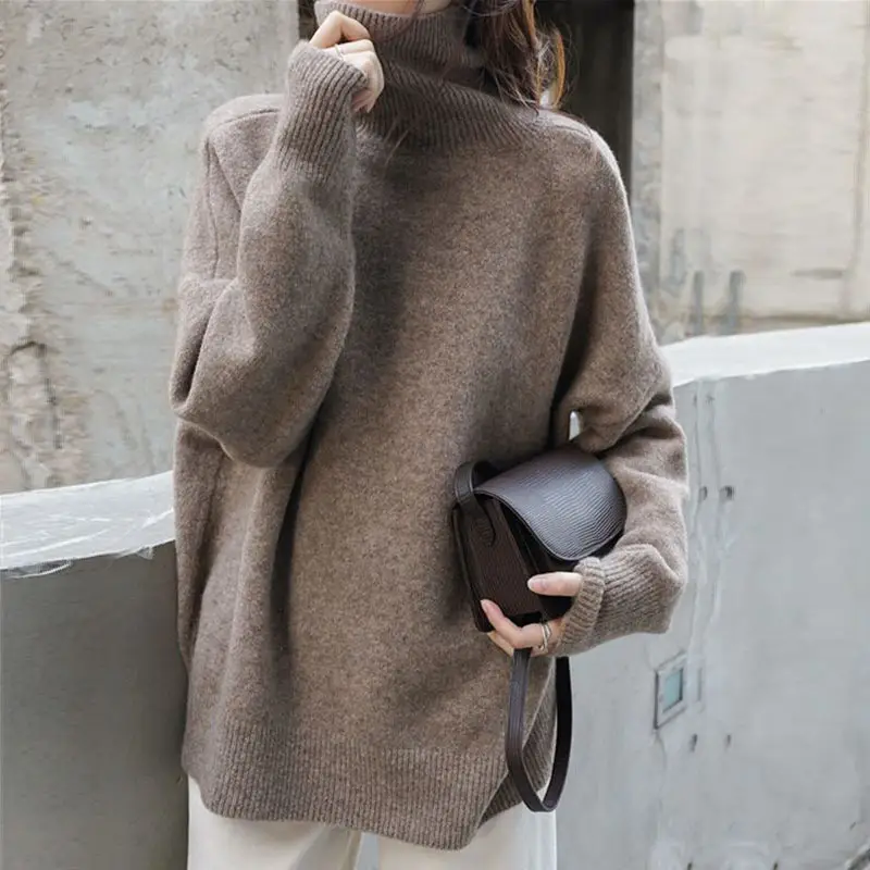 Heavy Turtleneck Sweater Women Red Loose Knit Large - Image 4