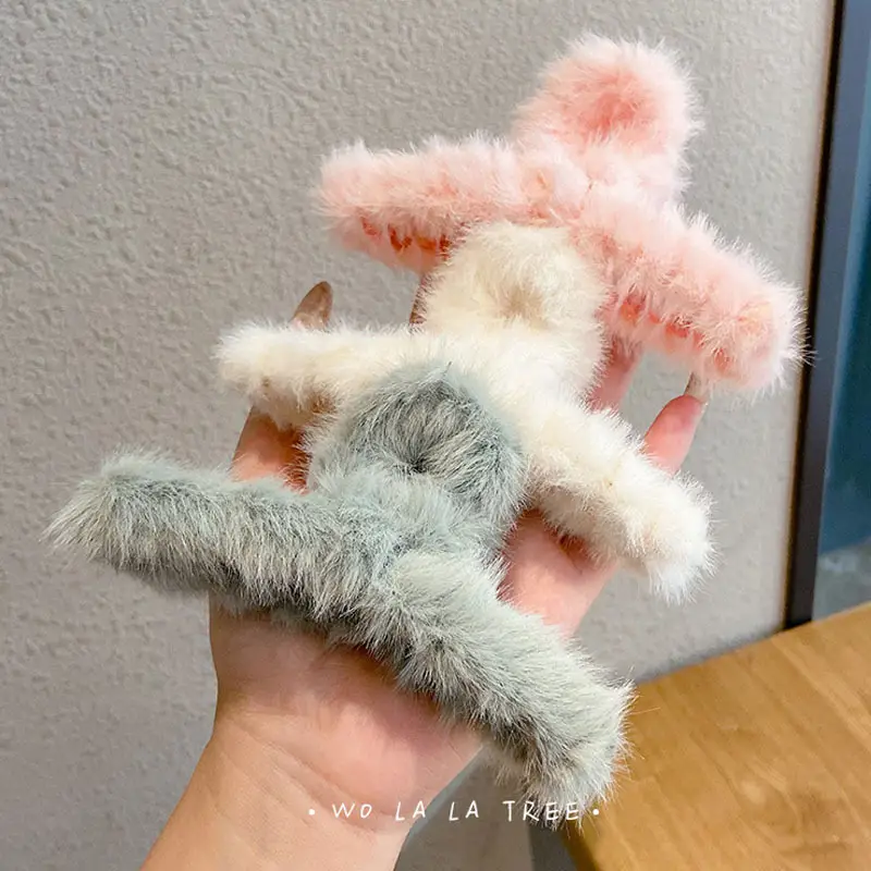 Blue Faux Fur Plush Hair Clip for Girls
