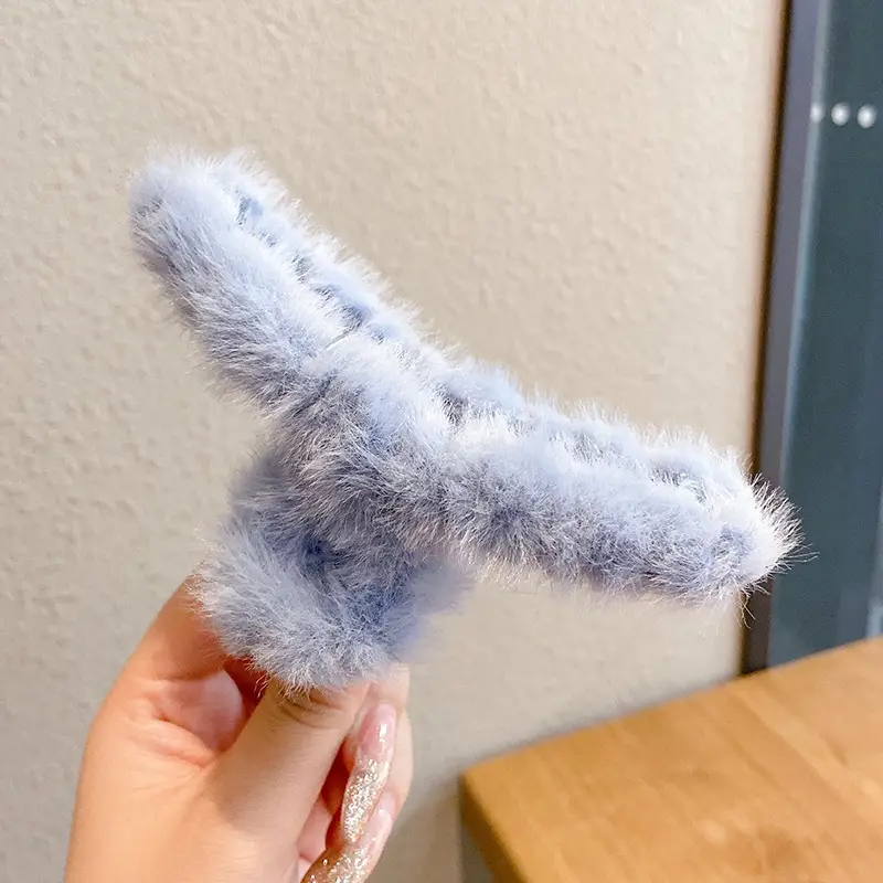 Blue Faux Fur Plush Hair Clip for Girls