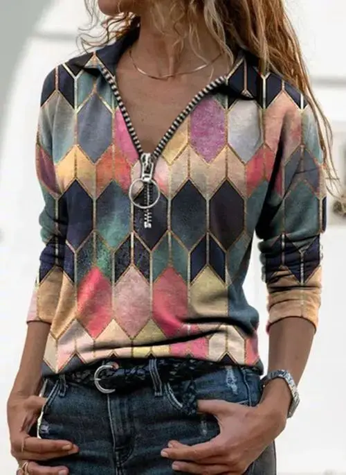 European American Cross-border V-neck Printed Top for Women