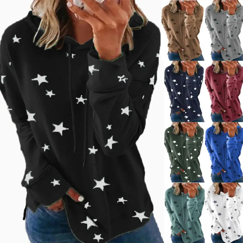 Women Star Print Hooded Sweatshirt Green Large - Image 12