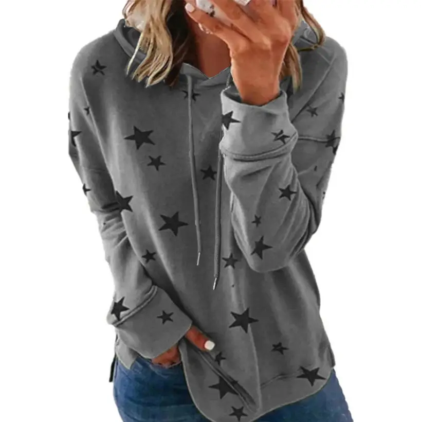Women Star Print Hooded Sweatshirt Green Large - Image 13