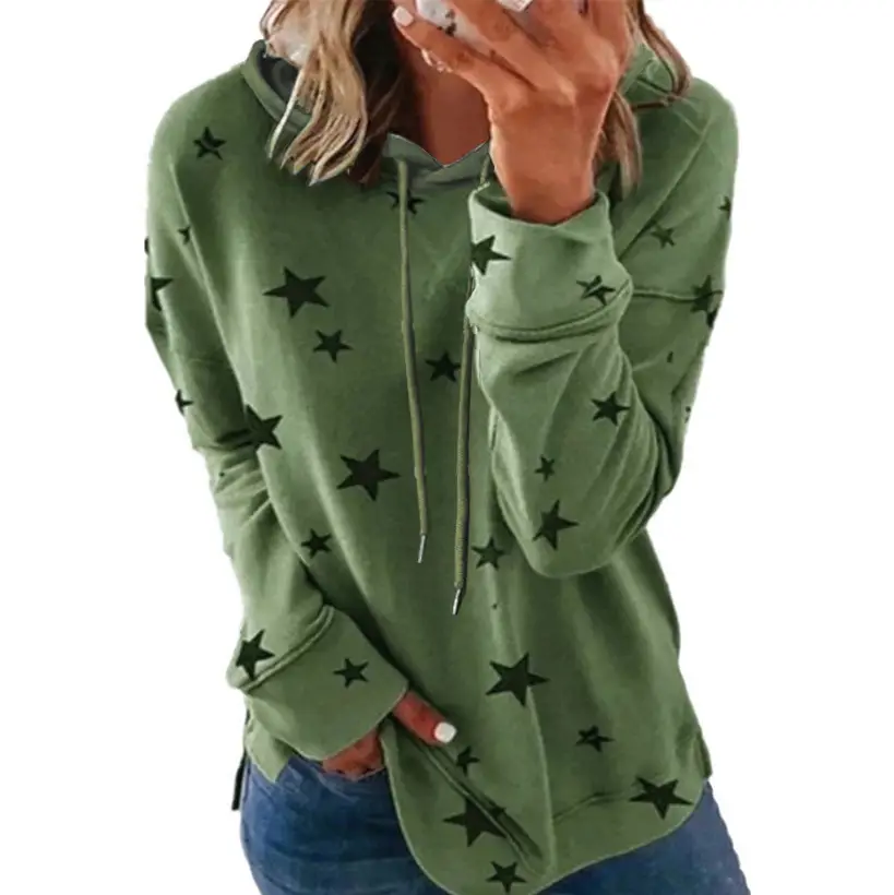 Women Star Print Hooded Sweatshirt Green Large - Image 14
