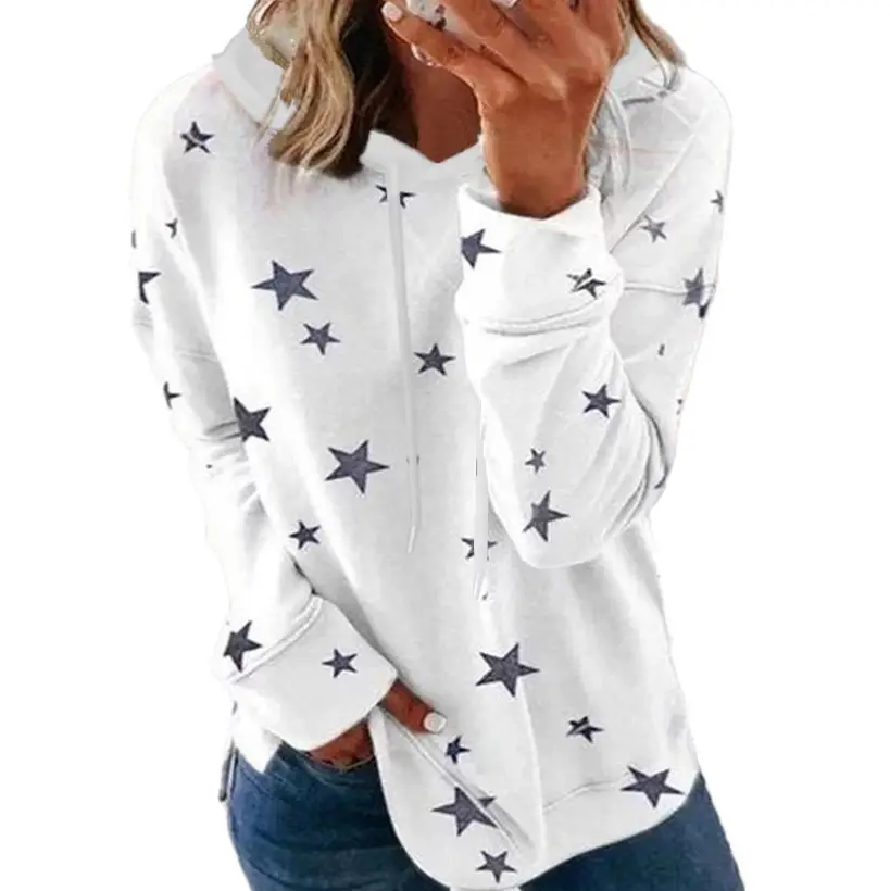 Women Star Print Hooded Sweatshirt Green Large - Image 15