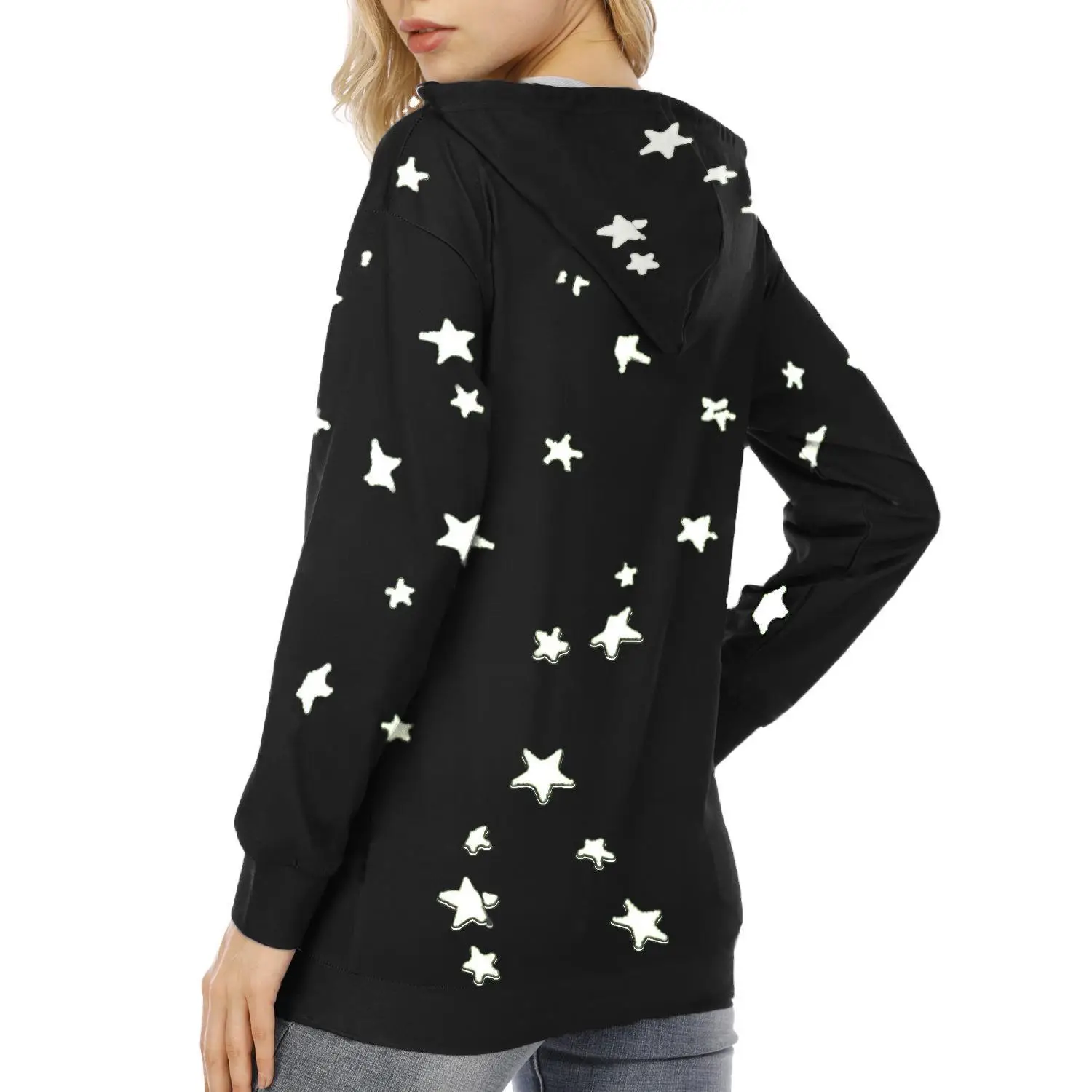Women Star Print Hooded Sweatshirt Green Large - Image 16