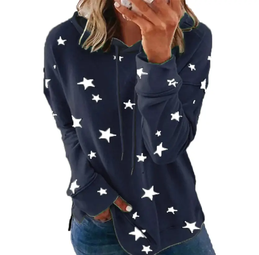Women Star Print Hooded Sweatshirt Green Large - Image 10