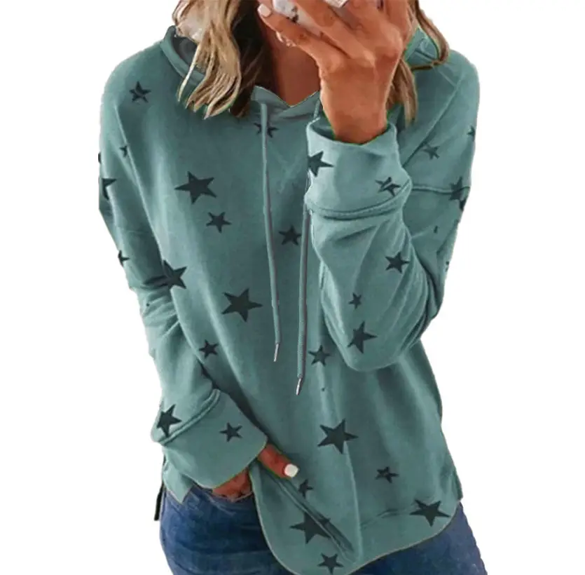 Women Star Print Hooded Sweatshirt Green Large - Image 6